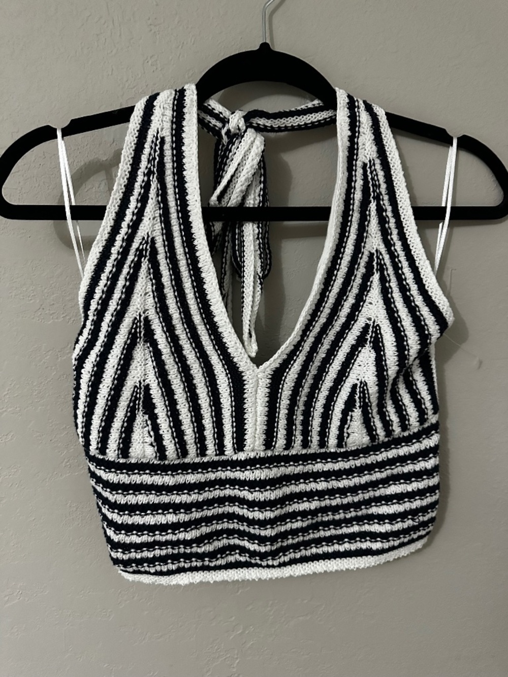 Hollister Navy Blue and White Crochet Halter Top